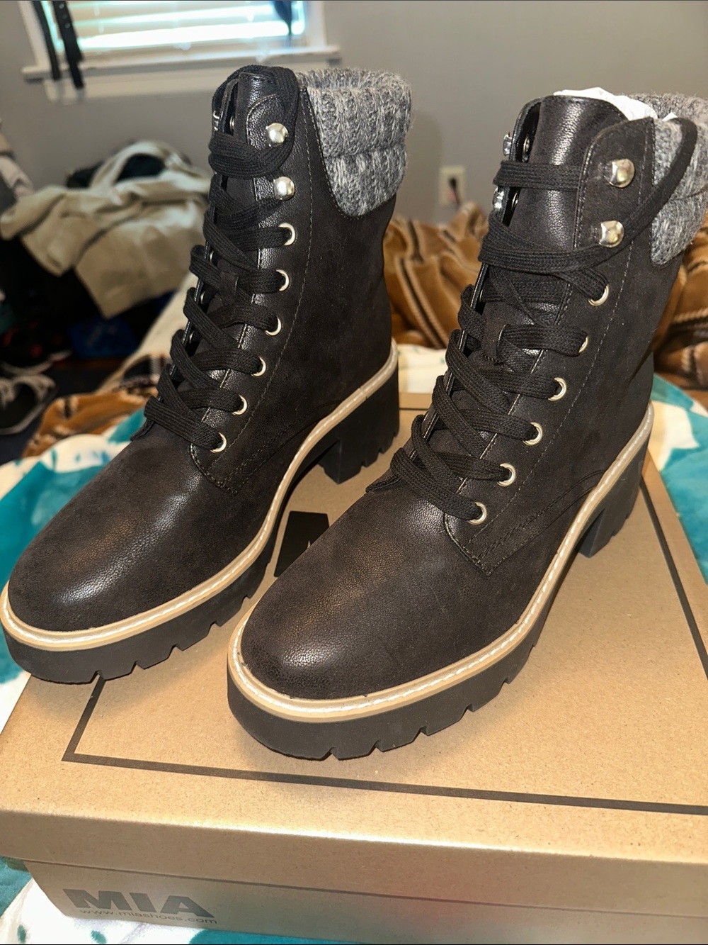 MIA Black Lace-Up Quilted Cuff Hiking Boots